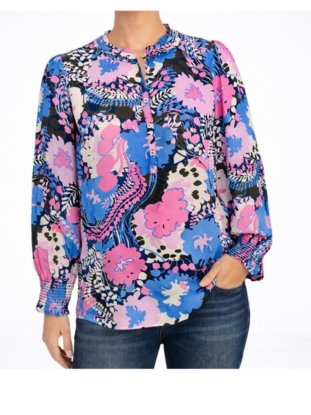 Talbots Cascading Blooms Floral Smocked Cuff Long Sleeve Blouse 100%Viscose Sz S - Picture 2 of 14